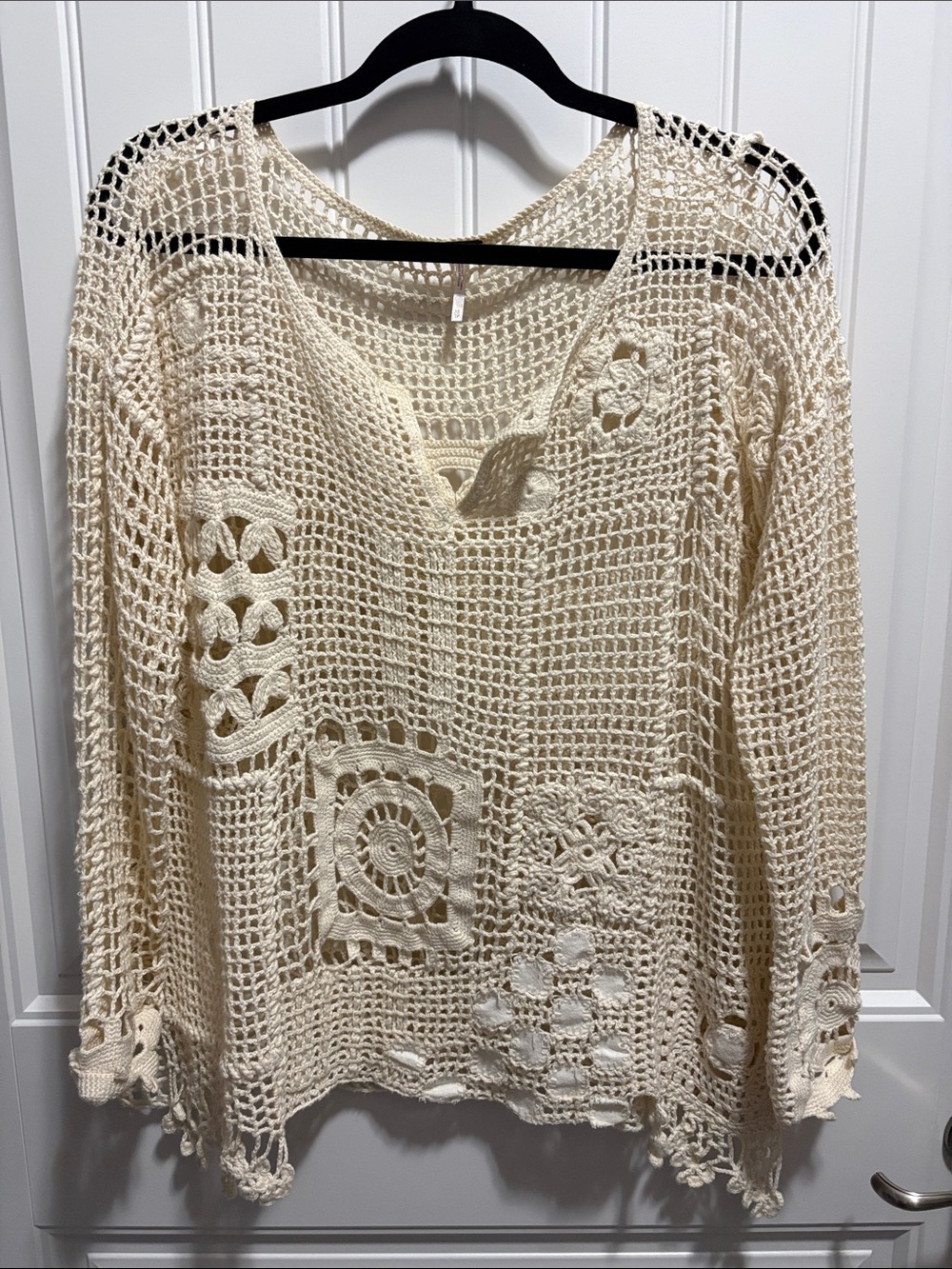 Free People XS Ivory Crochet Ramie Cotton Boho Oversized Top